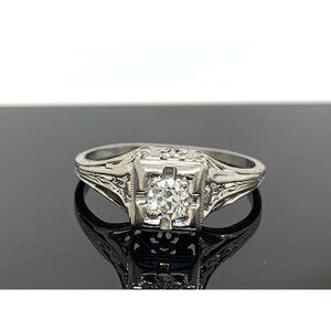18k White Gold Filigree Diamond Ring 0.25 Carat Antique Estate Jewelry Size 7